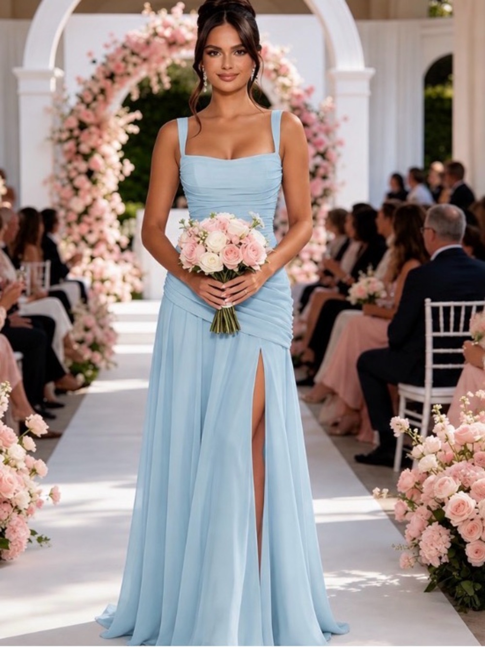 Light Blue Spaghetti Strap Ruched Bridesmaid Dress